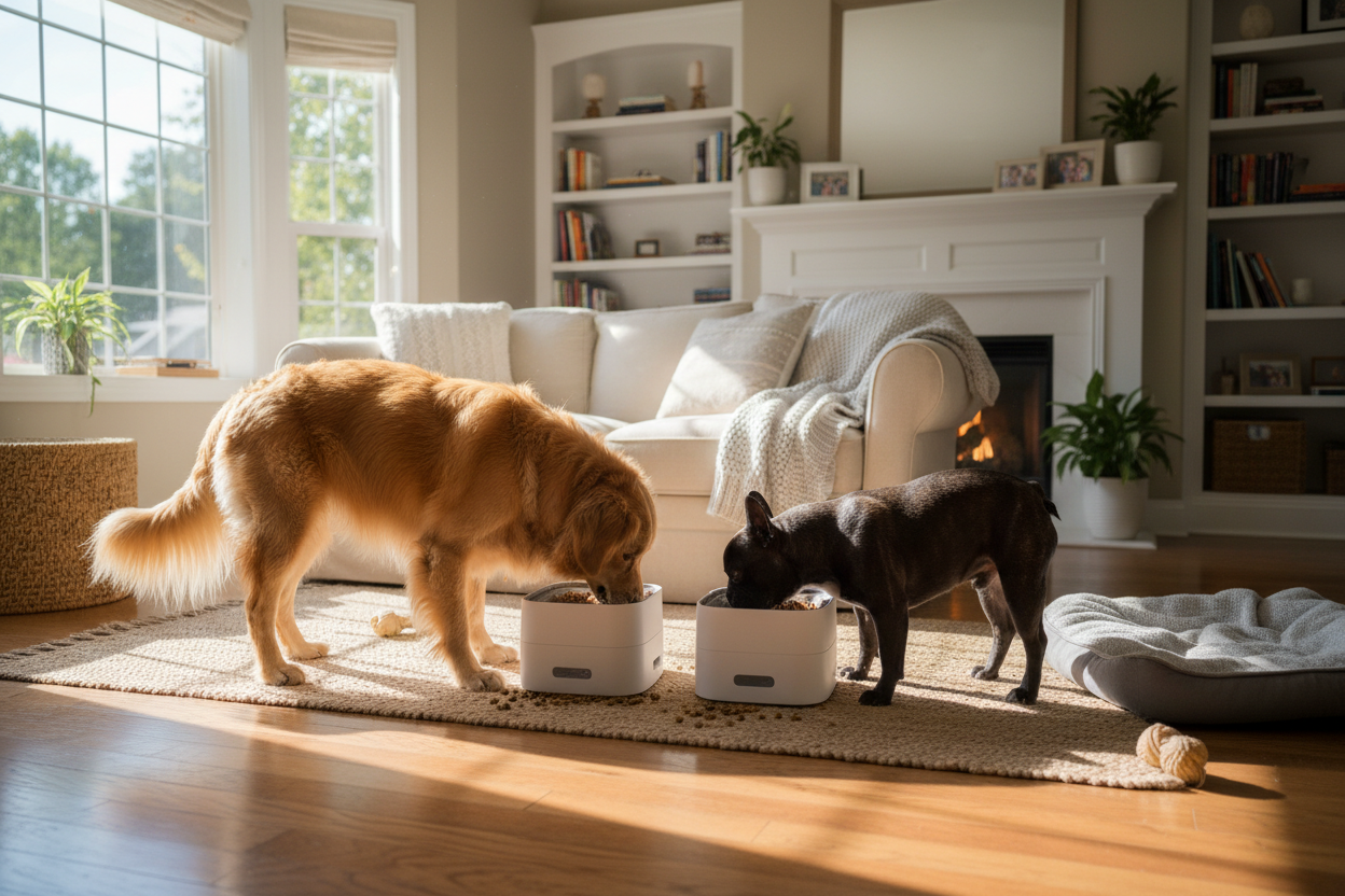 Two dogs eating from automatic feeders