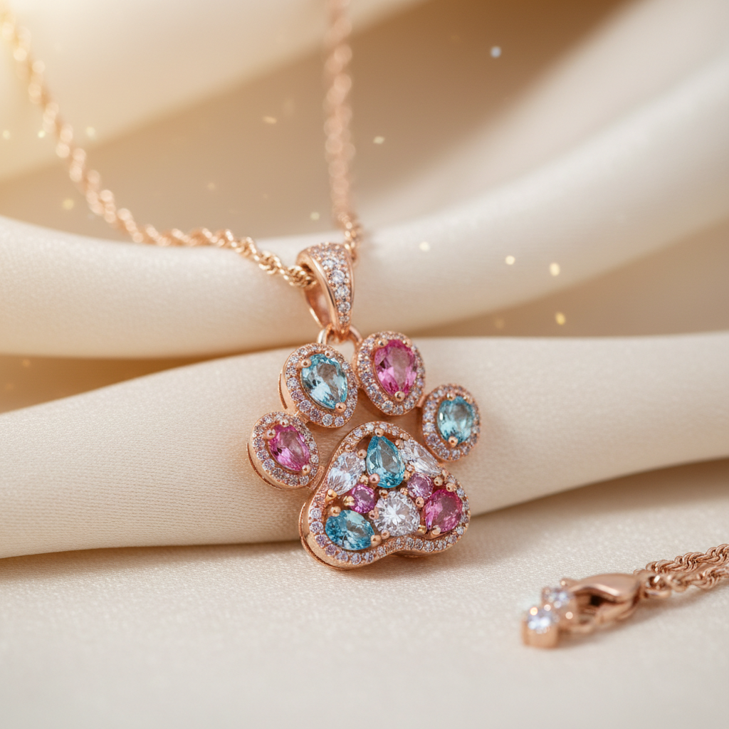 Colorful bejeweled paw necklace