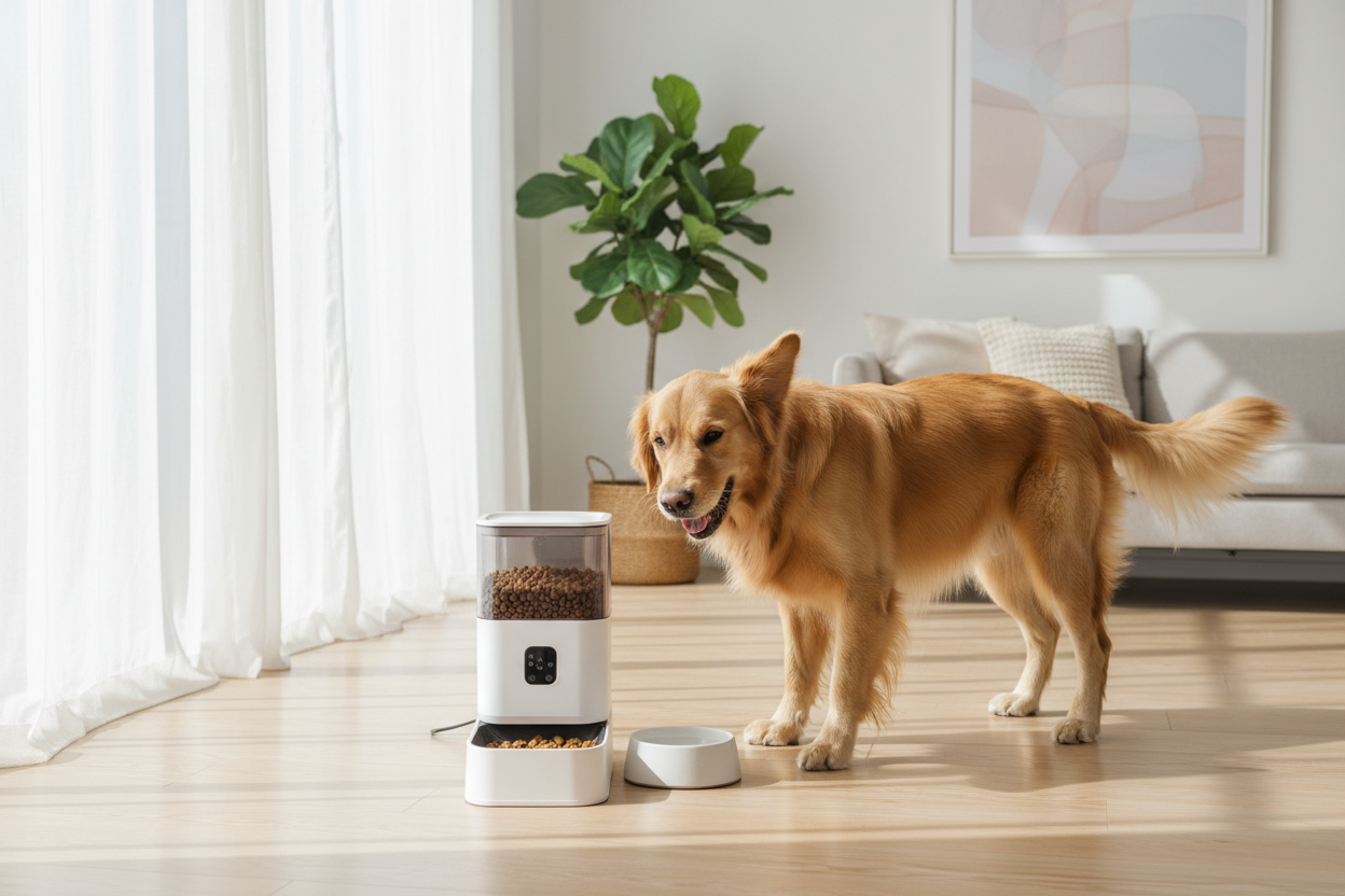 Happy dog eating from automatic feeder
