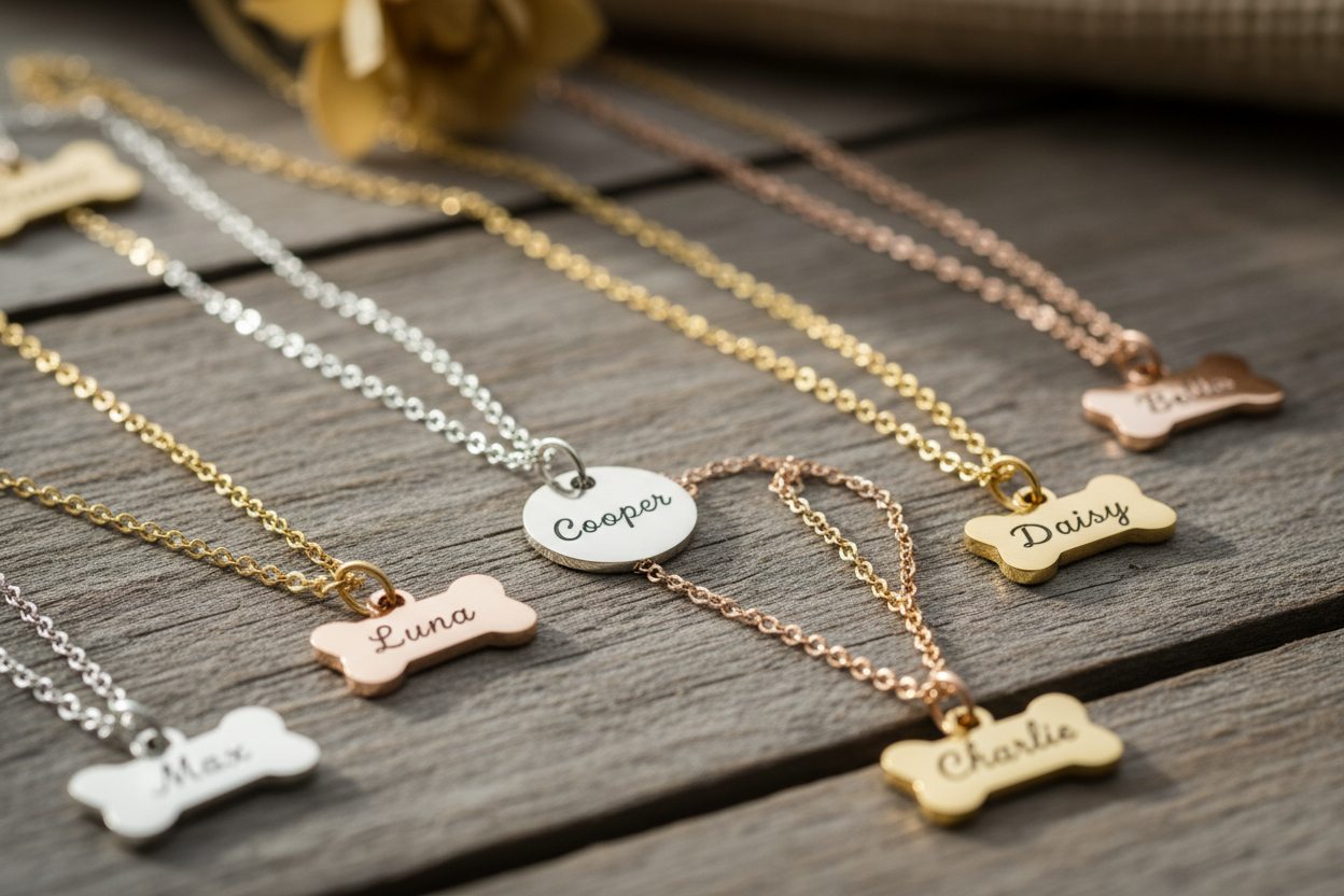 Multiple necklaces display with Luna, Cooper, and Daisy