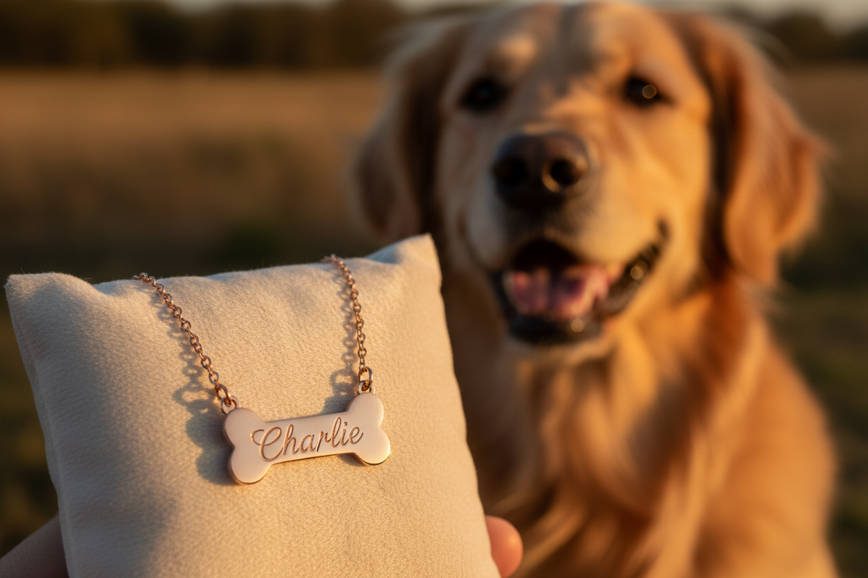 Rose gold bone necklace with Charlie and golden retriever